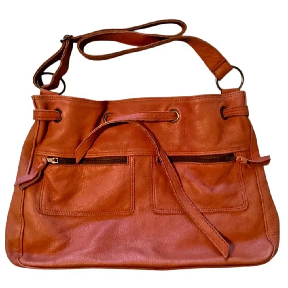 Women's Vintage Genuine Leather Orange Brown Bag Shoulder Purse Zippers Pockets